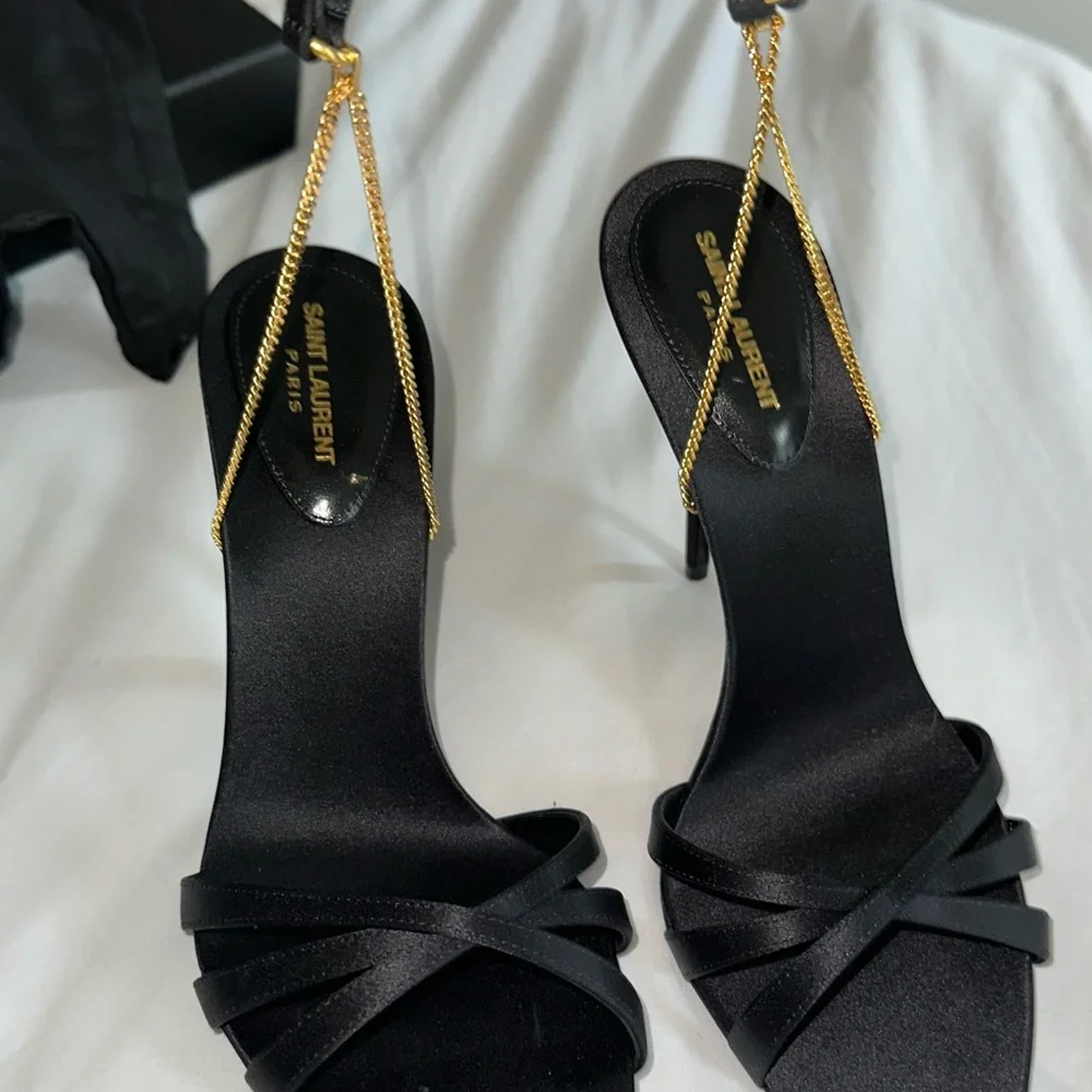Authentic Saint Laurent Black Satin Chain Heels - Picture 2 of 10